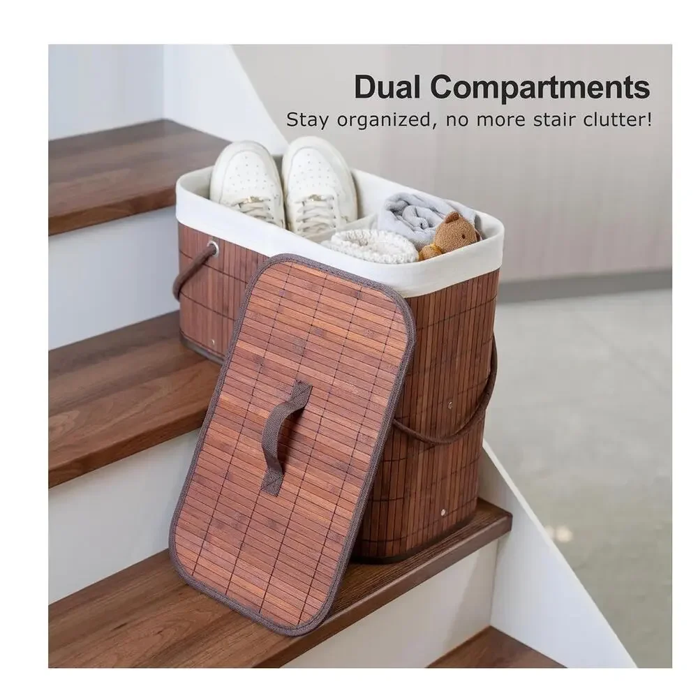 Bamboo Stair Basket with Lid & Handle For Wooden Carpeted Staircase NEW Brown